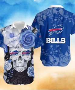 Buffalo Bills Hawaiian Shirt, Flowers Skull, Button Down Hawaiian Shirt