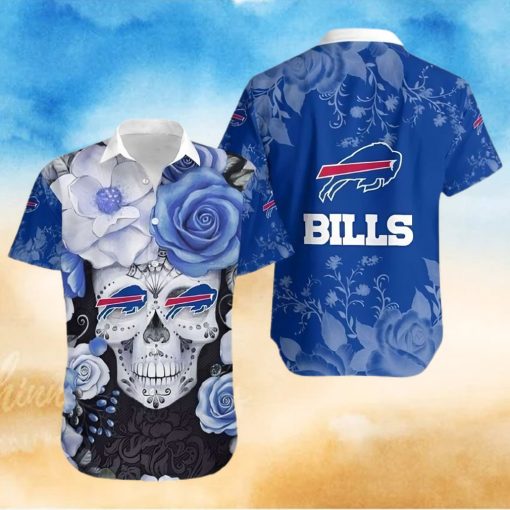 Buffalo Bills Hawaiian Shirt, Flowers Skull, Button Down Hawaiian Shirt