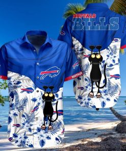 Buffalo Bills Hawaiian Shirt, Tropical Flowers With Cat, Unique Hawaiian Shirt