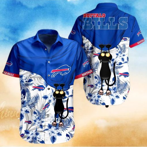 Buffalo Bills Hawaiian Shirt, Tropical Flowers With Cat, Unique Hawaiian Shirt