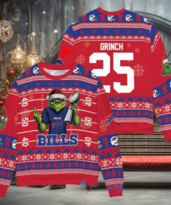 Buffalo Bills x Grinch Christmas Dr. Seuss How the Grinch Stole Christmas with Super Bowl Trophy Custom Ugly Christmas Sweater