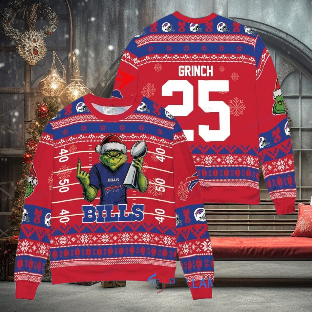 Buffalo Bills x Grinch Christmas Dr. Seuss How the Grinch Stole Christmas with Super Bowl Trophy Custom Ugly Christmas Sweater Buffalo Bills x Grinch Christmas Dr. Seuss How the Grinch Stole Christmas with Super Bowl Trophy Custom Ugly Christmas Sweater
