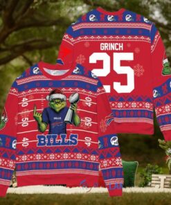 Buffalo Bills x Grinch Christmas Dr. Seuss How the Grinch Stole Christmas with Super Bowl Trophy Custom Ugly Christmas Sweater