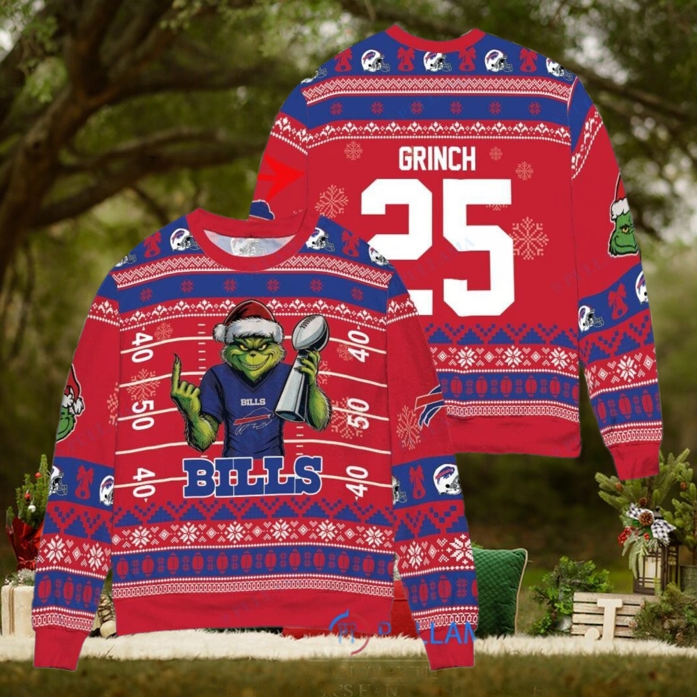 Buffalo Bills x Grinch Christmas Dr. Seuss How the Grinch Stole Christmas with Super Bowl Trophy Custom Ugly Christmas Sweater Buffalo Bills x Grinch Christmas Dr. Seuss How the Grinch Stole Christmas with Super Bowl Trophy Custom Ugly Christmas Sweater