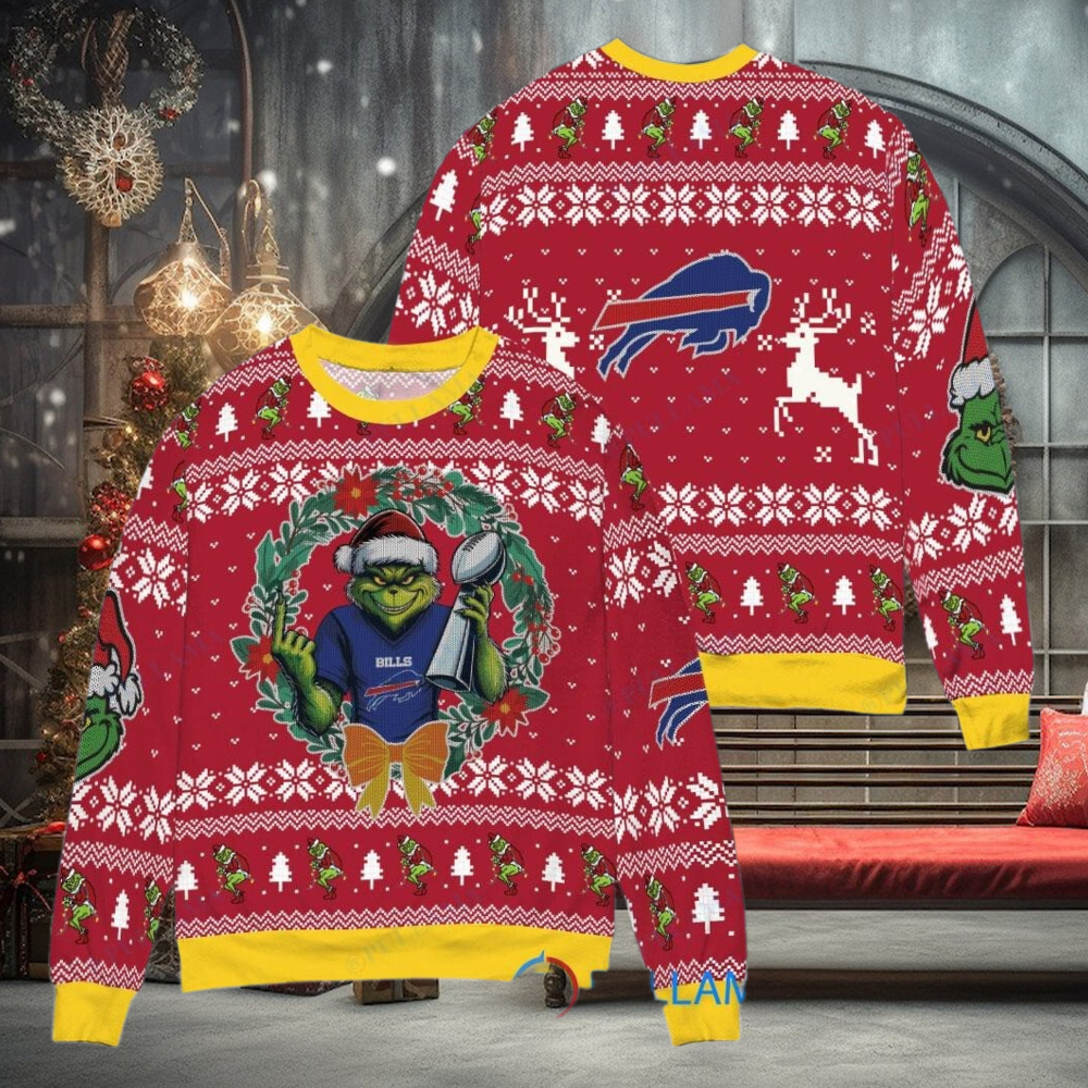 Buffalo Bills x Grinch NFL Dr. Seuss How the Grinch Stole Christmas with Super Bowl Trophy Ugly Christmas Sweater Red Buffalo Bills x Grinch NFL Dr. Seuss How the Grinch Stole Christmas with Super Bowl Trophy Ugly Christmas Sweater Red