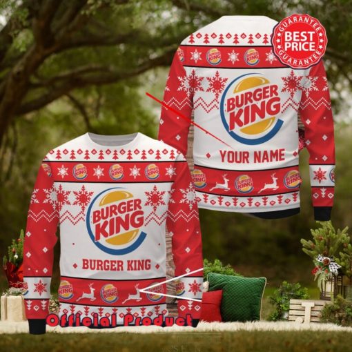 Buger King Custom Name White Design Logo Snowflake Ugly Christmas Sweater