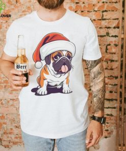 Bulldog wearing a Christmas hat shirt