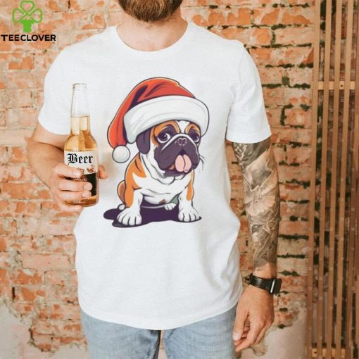 Bulldog wearing a Christmas hat shirt