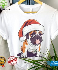 Bulldog wearing a Christmas hat shirt