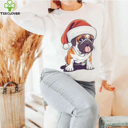 Bulldog wearing a Christmas hat shirt