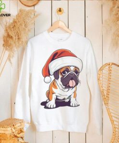 Bulldog wearing a Christmas hat shirt