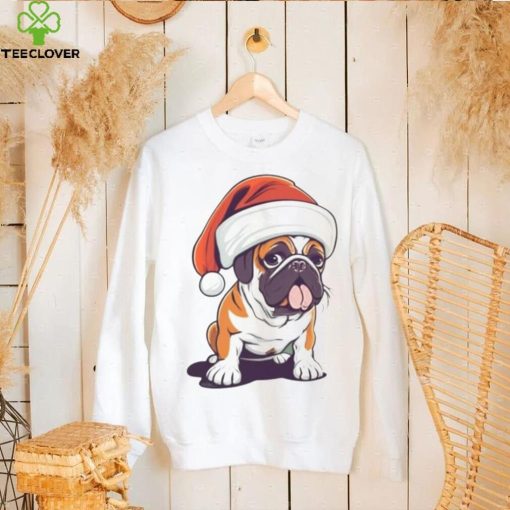 Bulldog wearing a Christmas hat shirt