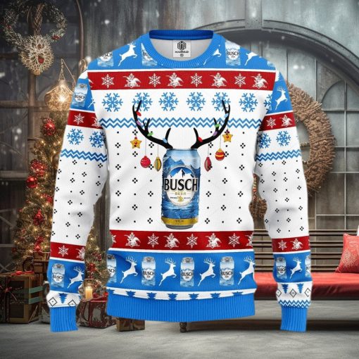 Busch Beer Ugly Knitted Christmas Sweater Reindeer Horns Lights