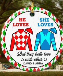 But They Both Love Each Other, Couple Gift, Personalized Ceramic Ornament, Horse Racing Couple Ornament