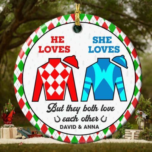 But They Both Love Each Other, Couple Gift, Personalized Ceramic Ornament, Horse Racing Couple Ornament