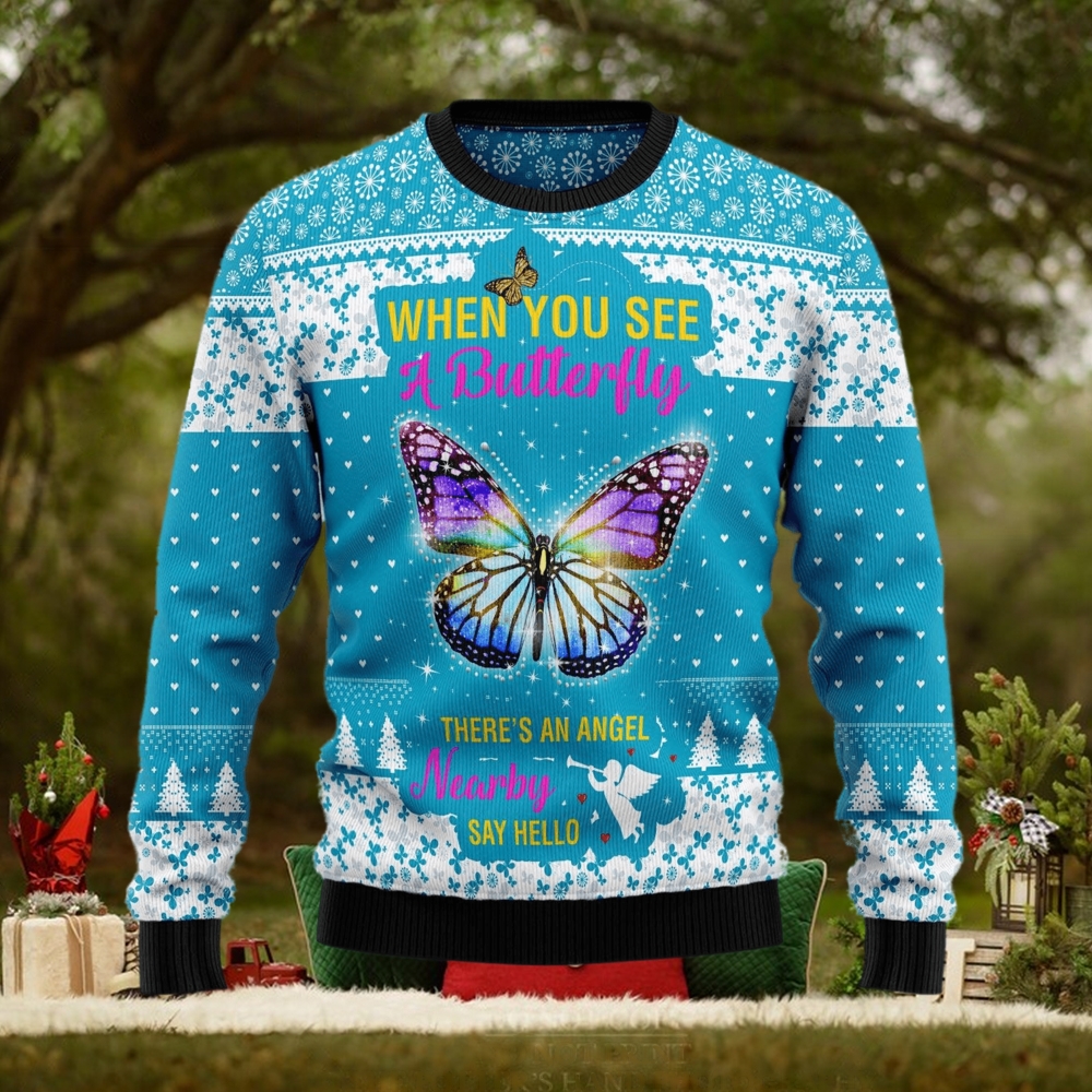 Butterfly Nearby Say Hello Ugly Christmas Sweater Gift Men Women Butterfly Nearby Say Hello Ugly Christmas Sweater Gift Men Women
