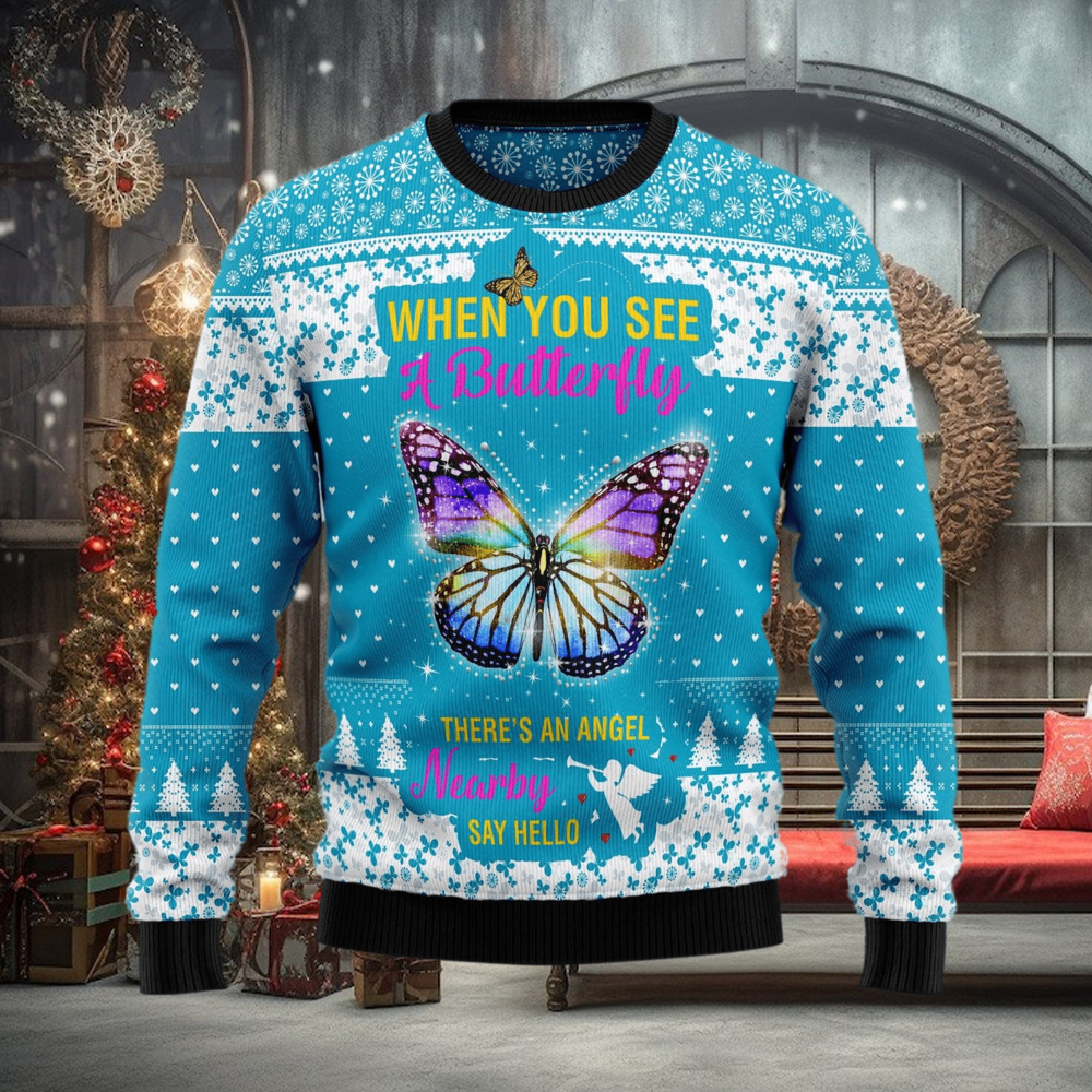 Butterfly Nearby Say Hello Ugly Christmas Sweater Gift Men Women Butterfly Nearby Say Hello Ugly Christmas Sweater Gift Men Women