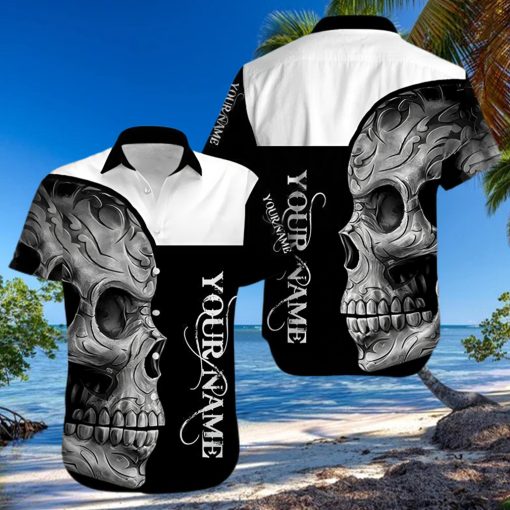 Buy Custom Name Black And White Skull Unisex Hawaiian Aloha Shirt