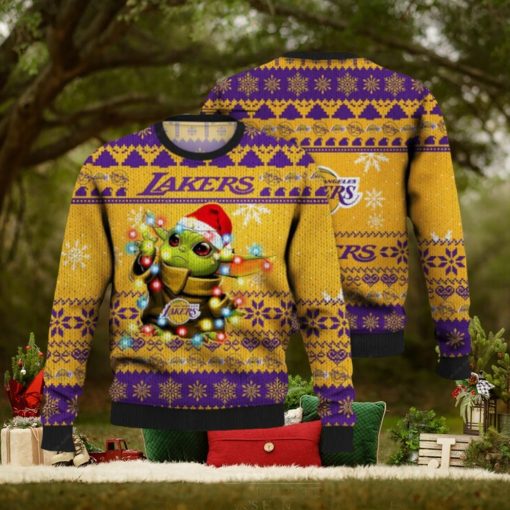 Lakers Ugly Sweater Baby Yoda Star Wars 3D Ugly Christmas Sweater Presents Christmas For Men And Women