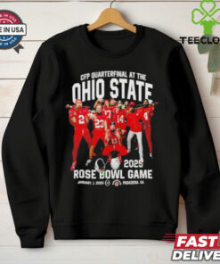 CFP Quarterfinal At The Ohio State Buckeyes 2025 Rose Bowl Game Shirt, featuring a bold graphic celebrating the Ohio State Buckeyes' appearance in the 2025 Rose Bowl as part of the College Football Playoff quarterfinals. Perfect for fans supporting the Buckeyes in this prestigious matchup!