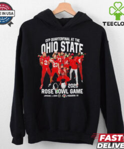 CFP Quarterfinal At The Ohio State Buckeyes 2025 Rose Bowl Game Shirt, featuring a bold graphic celebrating the Ohio State Buckeyes' appearance in the 2025 Rose Bowl as part of the College Football Playoff quarterfinals. Perfect for fans supporting the Buckeyes in this prestigious matchup!