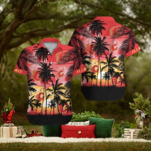 Calgary Flames Short Sleeve Button Up Tropical Shirt Hawaiian Shirt