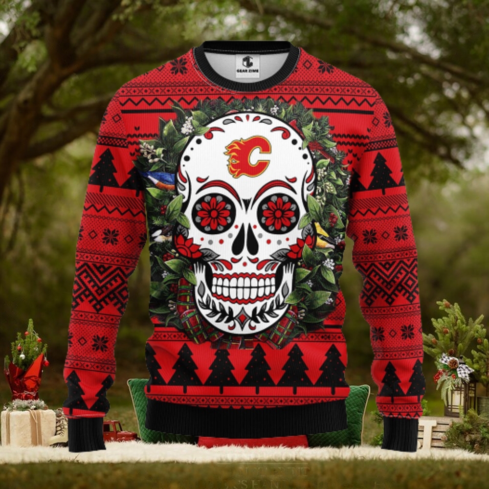 Calgary Flames Skull Flower Ugly Christmas Ugly Sweater Calgary Flames Skull Flower Ugly Christmas Ugly Sweater