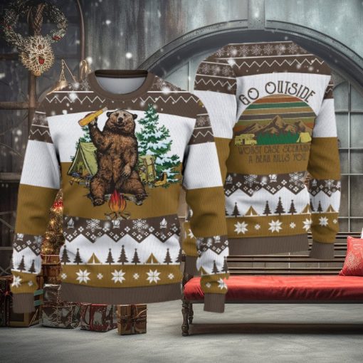 Camping Bear Go Outside Ugly Christmas Sweater Holiday For Men And Women