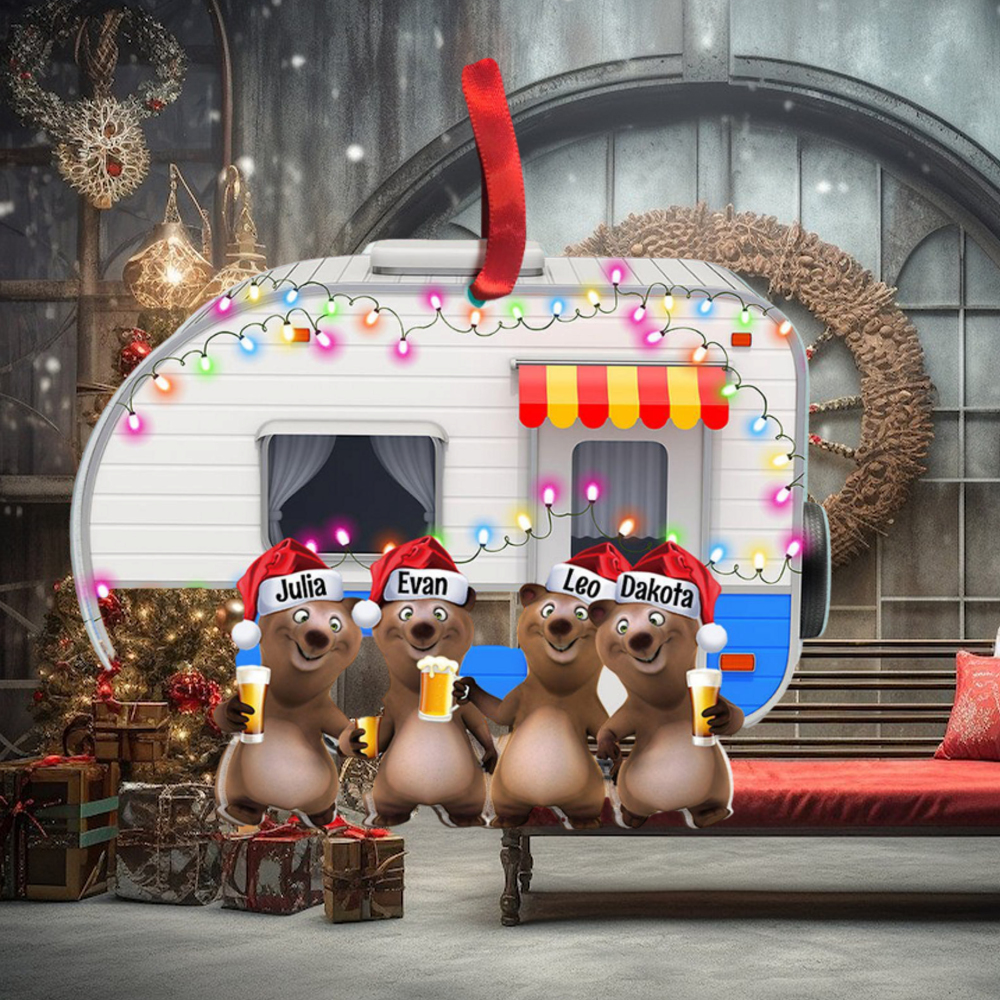 Camping Bear Happy Camper With Custom Drink Personalized Christmas Ornament Camping Bear Happy Camper With Custom Drink Personalized Christmas Ornament