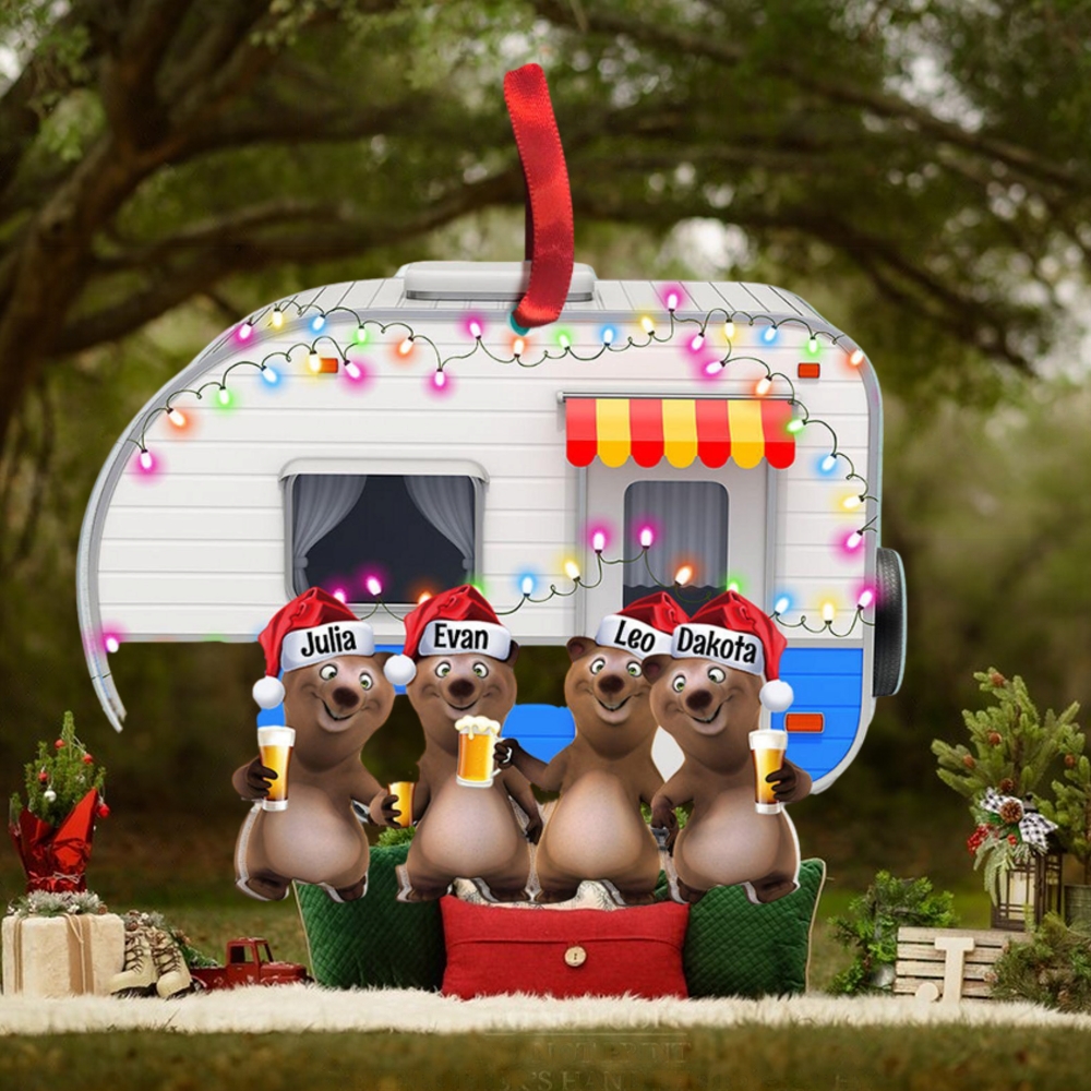 Camping Bear Happy Camper With Custom Drink Personalized Christmas Ornament Camping Bear Happy Camper With Custom Drink Personalized Christmas Ornament