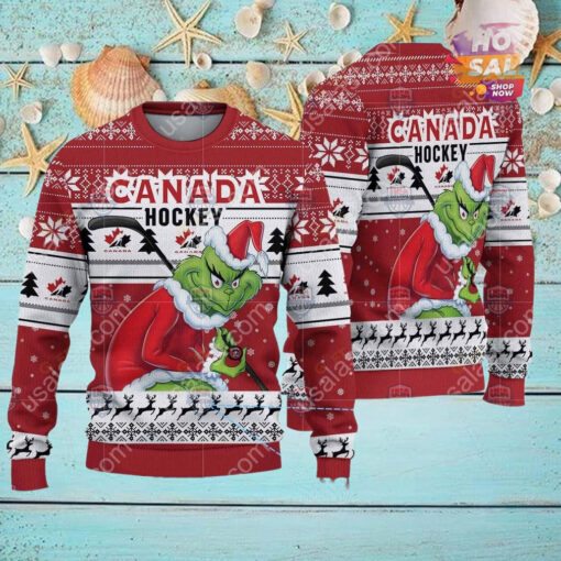 Canada Ice Hockey Team Grinch Hockey Stick Ugly Christmas Sweater