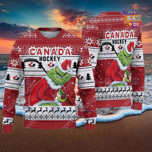 Canada Ice Hockey Team Grinch Hockey Stick Ugly Christmas Sweater