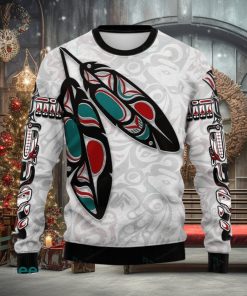 Canada Knitted Christmas Ugly Sweater 3D, Haida Eagle Feathers White