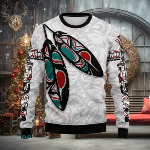 Canada Knitted Christmas Ugly Sweater 3D, Haida Eagle Feathers White