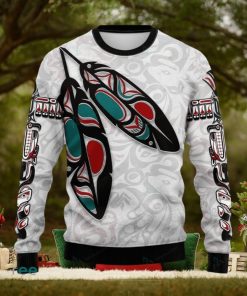 Canada Knitted Christmas Ugly Sweater 3D, Haida Eagle Feathers White