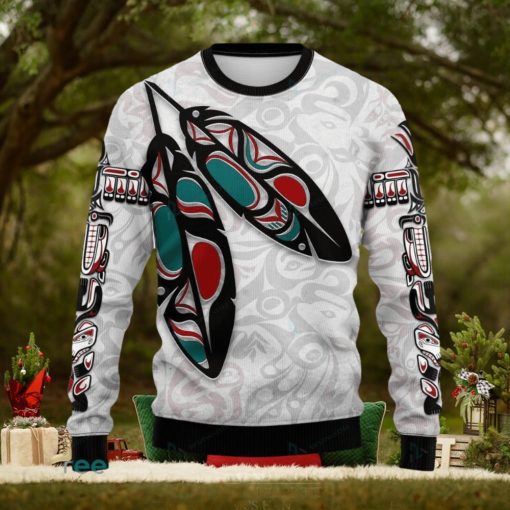 Canada Knitted Christmas Ugly Sweater 3D, Haida Eagle Feathers White