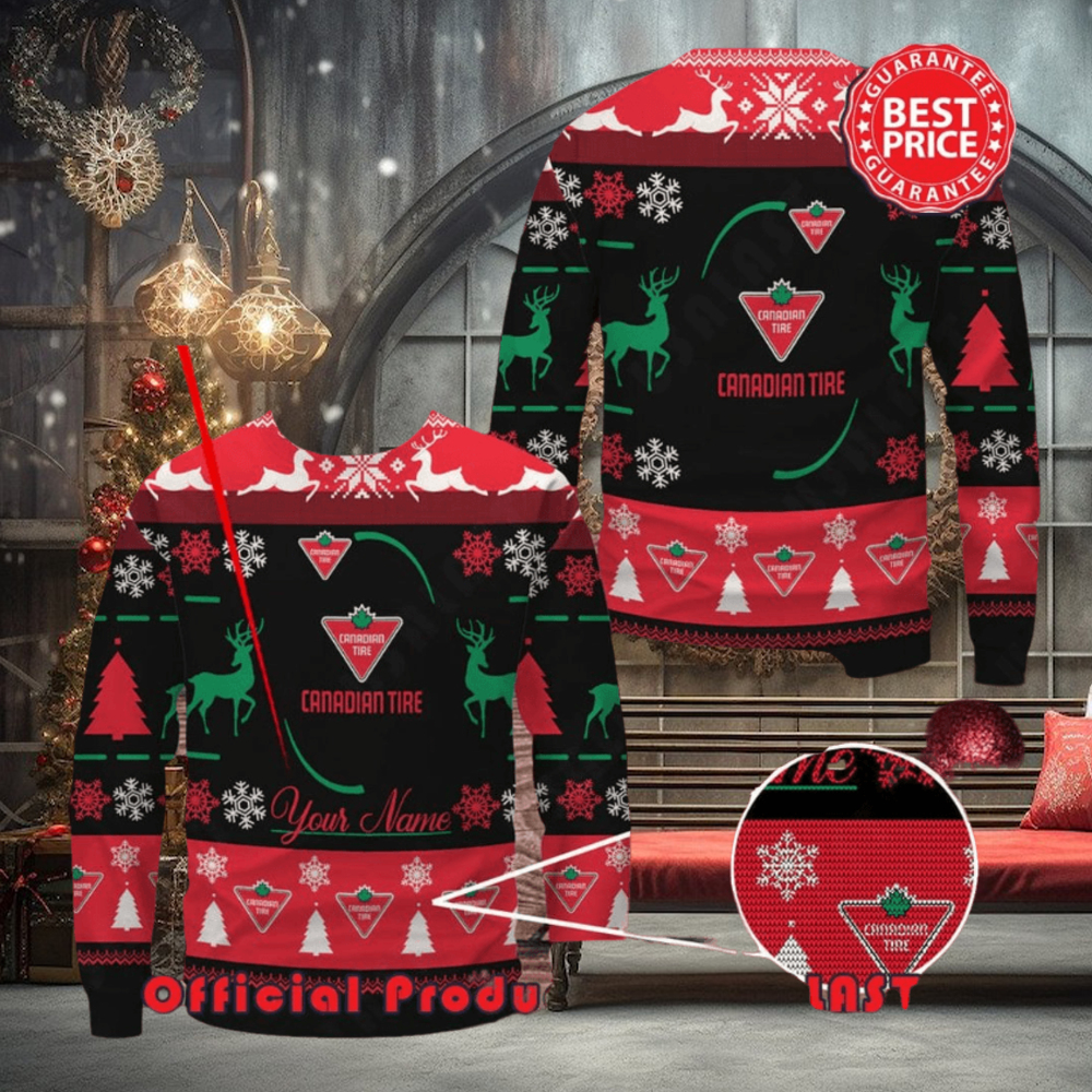 Canadian Tire Custom Name Black Design Logo Reindeer Ugly Christmas Sweater Canadian Tire Custom Name Black Design Logo Reindeer Ugly Christmas Sweater