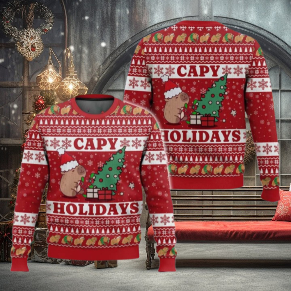 Cappy Christmas Ugly Sweater, Capybara Rodent Santa Hat Sweater Cappy Christmas Ugly Sweater, Capybara Rodent Santa Hat Sweater