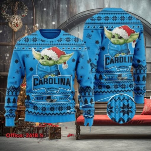 Carolina Panthers Baby Yoda Santa Hat Ugly Christmas Sweater