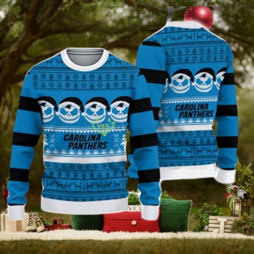 Carolina Panthers Christmas Jack Skellington Face Pattern Ugly Christmas Sweater