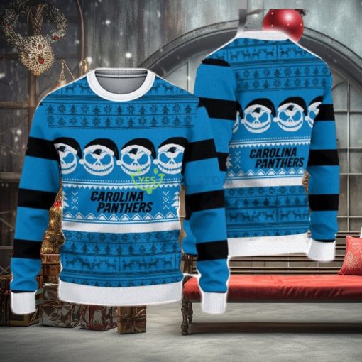 Carolina Panthers Christmas Jack Skellington Face Pattern Ugly Christmas Sweater