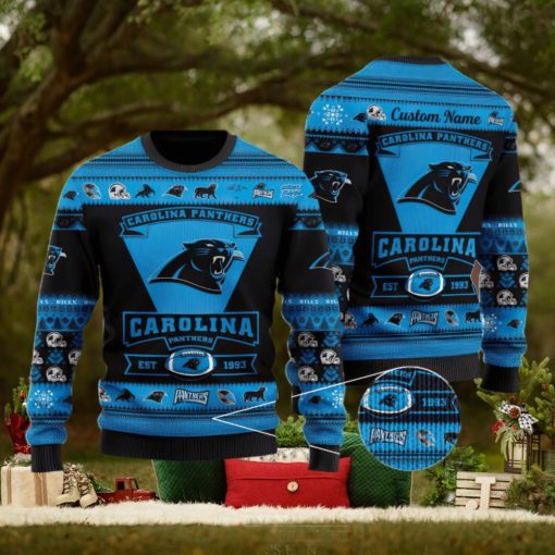Carolina Panthers Football Team Logo Custom Name Christmas Gift All Over Print Ugly Christmas Sweater