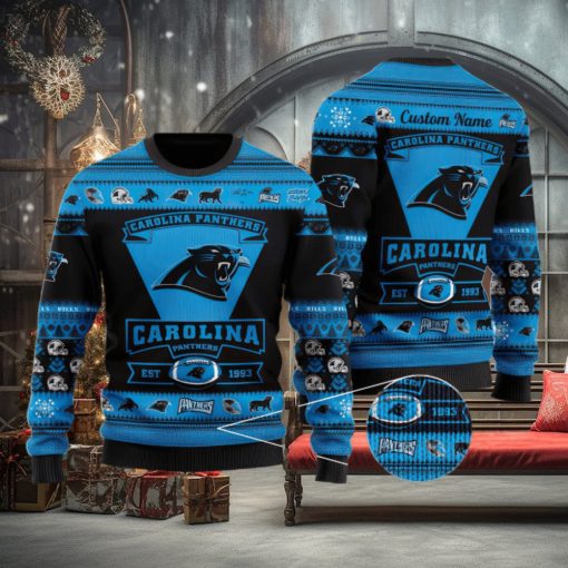 Carolina Panthers Football Team Logo Custom Name Christmas Gift All Over Print Ugly Christmas Sweater