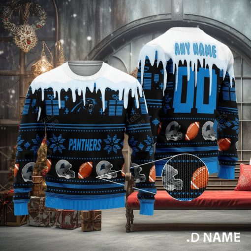 Carolina Panthers Graphics NFL Snowflakes Reindeer 3D Sweater Custom Number And Name
