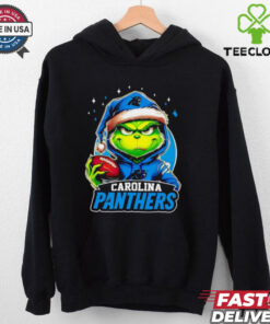 Carolina Panthers Grinch wearing Santa hat Christmas 2024 shirt