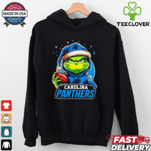 Carolina Panthers Grinch wearing Santa hat Christmas 2024 shirt