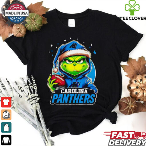 Carolina Panthers Grinch wearing Santa hat Christmas 2024 shirt