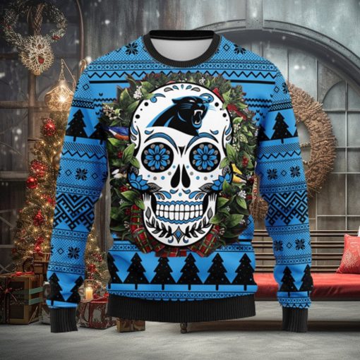Carolina Panthers Skull Flower Ugly Christmas Ugly Sweater