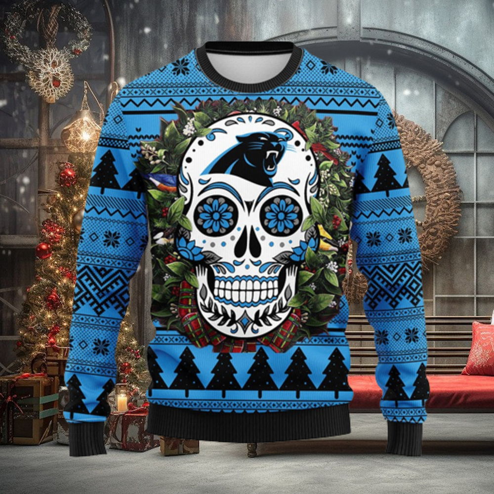 Carolina Panthers Skull Flower Ugly Christmas Ugly Sweater Carolina Panthers Skull Flower Ugly Christmas Ugly Sweater