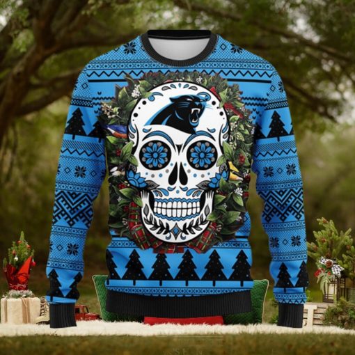 Carolina Panthers Skull Flower Ugly Christmas Ugly Sweater